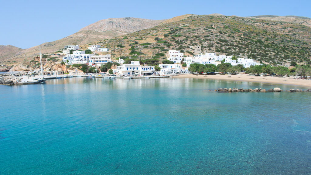Greece, the island of Sikinos. The port and town beach on a brig